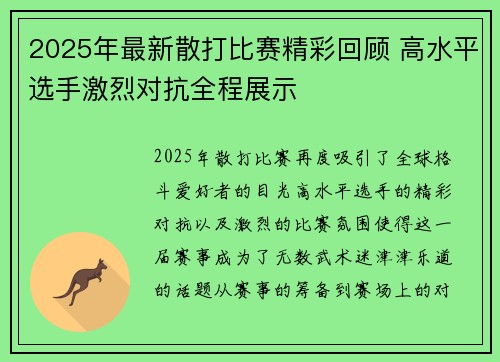 2025年最新散打比赛精彩回顾 高水平选手激烈对抗全程展示