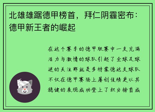北雄雄踞德甲榜首,拜仁阴霾密布:德甲新王者的崛起